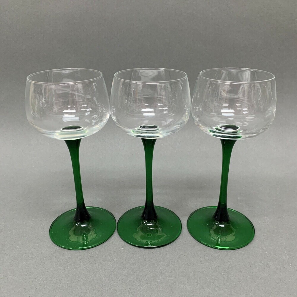 Luminarc? France Clear Emerald‎ Green Stem Wine Glass Glasses 6 1/2" Lot of 3